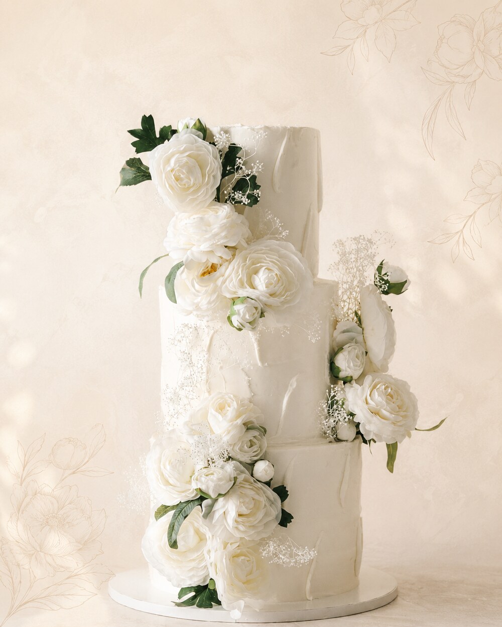 Elegant three-tier white wedding cake adorned with fresh white roses and greenery