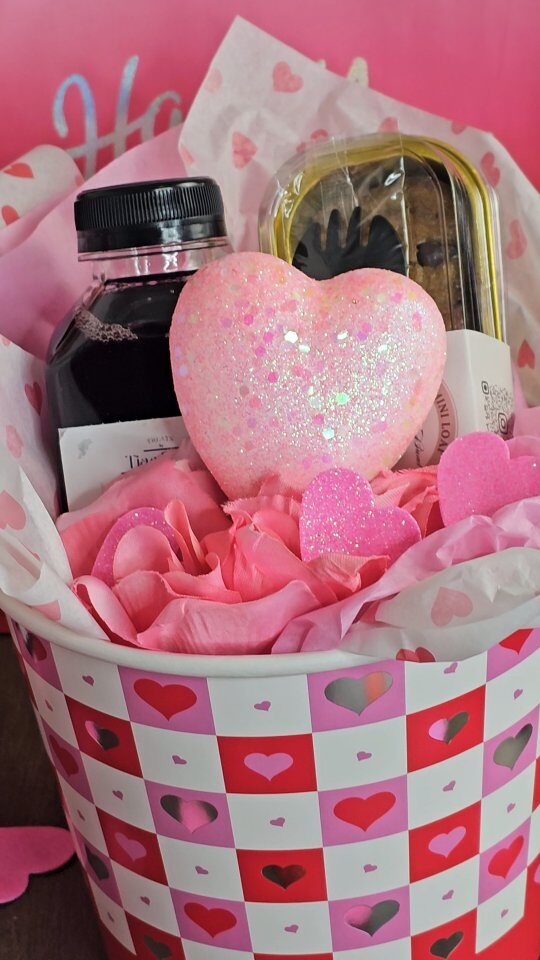 Pink Valentine treat gift basket