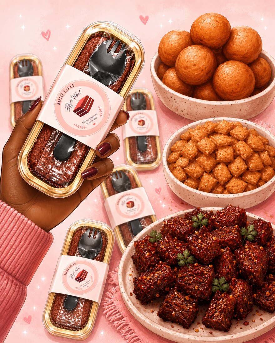 Assorted snacks — loaf cakes, puff puff, chin-chin and peppered meat